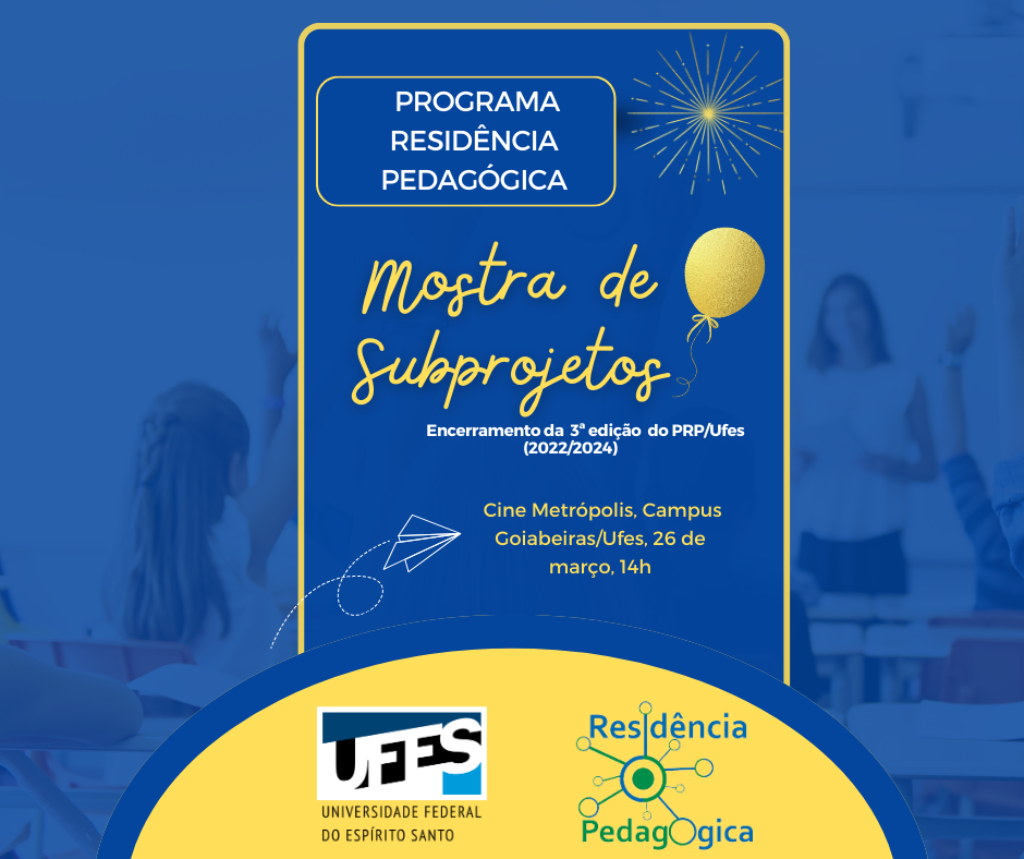 Cartaz de divulgação do evento com fundo azul, onde é possível ver a imagem de uma sala de aula. Sobre a imagem, escrito em branco e ao fundo e amarelo, informações sobre data, horário e local do evento. 