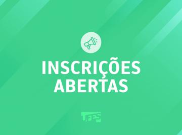 Quadrado verde com letras brancas informando "Inscrições abertas"