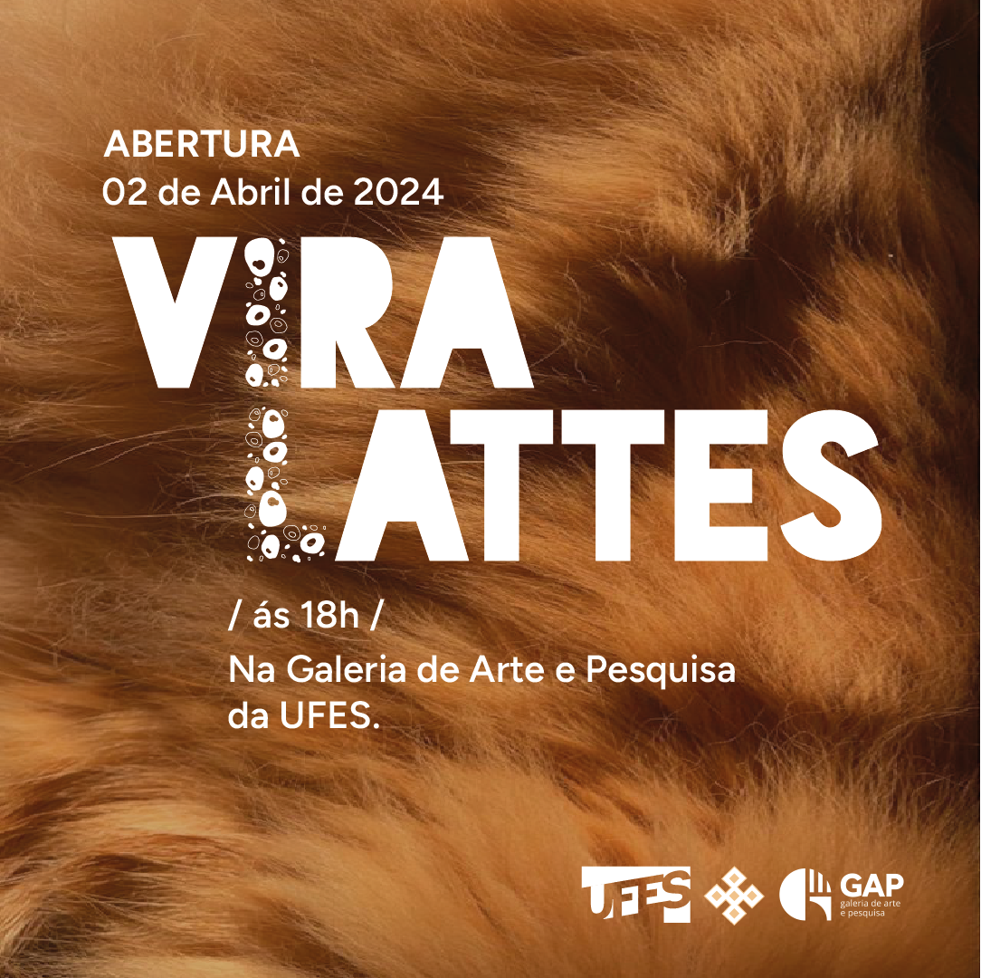 Cartaz de divulgação. A imagem de fundo do cartaz remete aos pelos de um cachorro na cor caramelo. Em letras brancas, informações sobre a abertura da exposição.