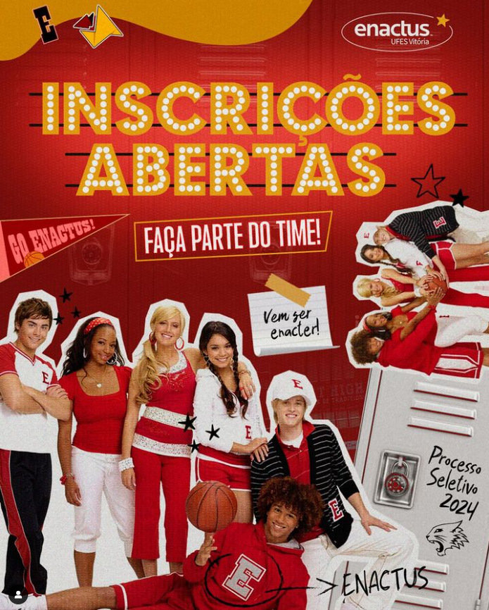 Cartaz com os dados sobre a inscrição. O cartaz é vermelho, com letras em amarelo e a imagem de um grupo de jovens.