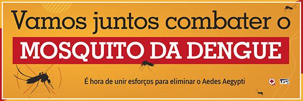 banner digital com fundo na cor amarelo-mostarda onde encontra-se no topo, ao centro, a frase: "Vamos juntos combater o mosquito da dengue". Um pouco abaixo vemos o desenho de um mosquito no centro de um alvo e ao seu redor encontram-se desenhos de outros mosquitos desfocados. Abaixo, encontra-se a frase:  "É hora de unir esforços para eliminar o Aedes Aegypti". E abaixo dessa frase estãos as marcas UPS (Universidade Promotora de Saúde) e Ufes