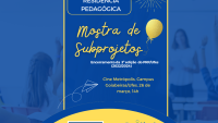 Cartaz de divulgação do evento com fundo azul, onde é possível ver a imagem de uma sala de aula. Sobre a imagem, escrito em branco e ao fundo e amarelo, informações sobre data, horário e local do evento. 