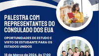 cartaz azul e vermelho com imagens de estudantes em dois círculos e o texto: palestra com representante do Consulado dos EUA