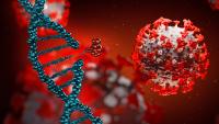 Imagem do coronavírus e de uma cadeia de DNA com fundo em preto e vermelho