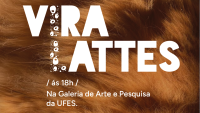 Cartaz de divulgação. A imagem de fundo do cartaz remete aos pelos de um cachorro na cor caramelo. Em letras brancas, informações sobre a abertura da exposição.