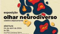 Cartaz da exposição em fundo amarelo claro, com imagens abstratas em azul, vermelho e amarelo.