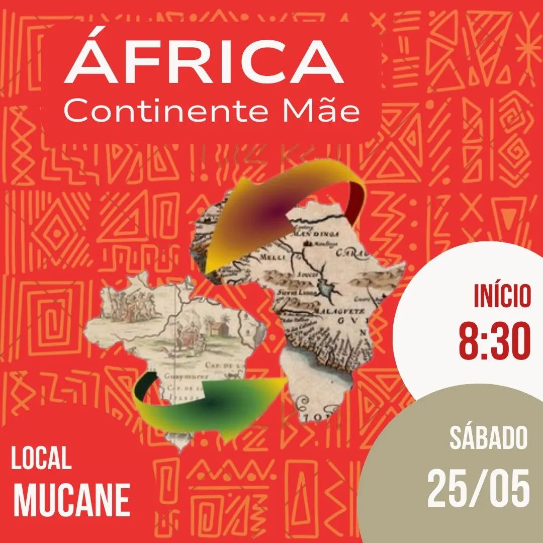 Cartaz de divulgação do evento com fundo vermelho e a imagem do Brasil e da África e setas que indicam a comunicação entre o continente africano e o Brasil.