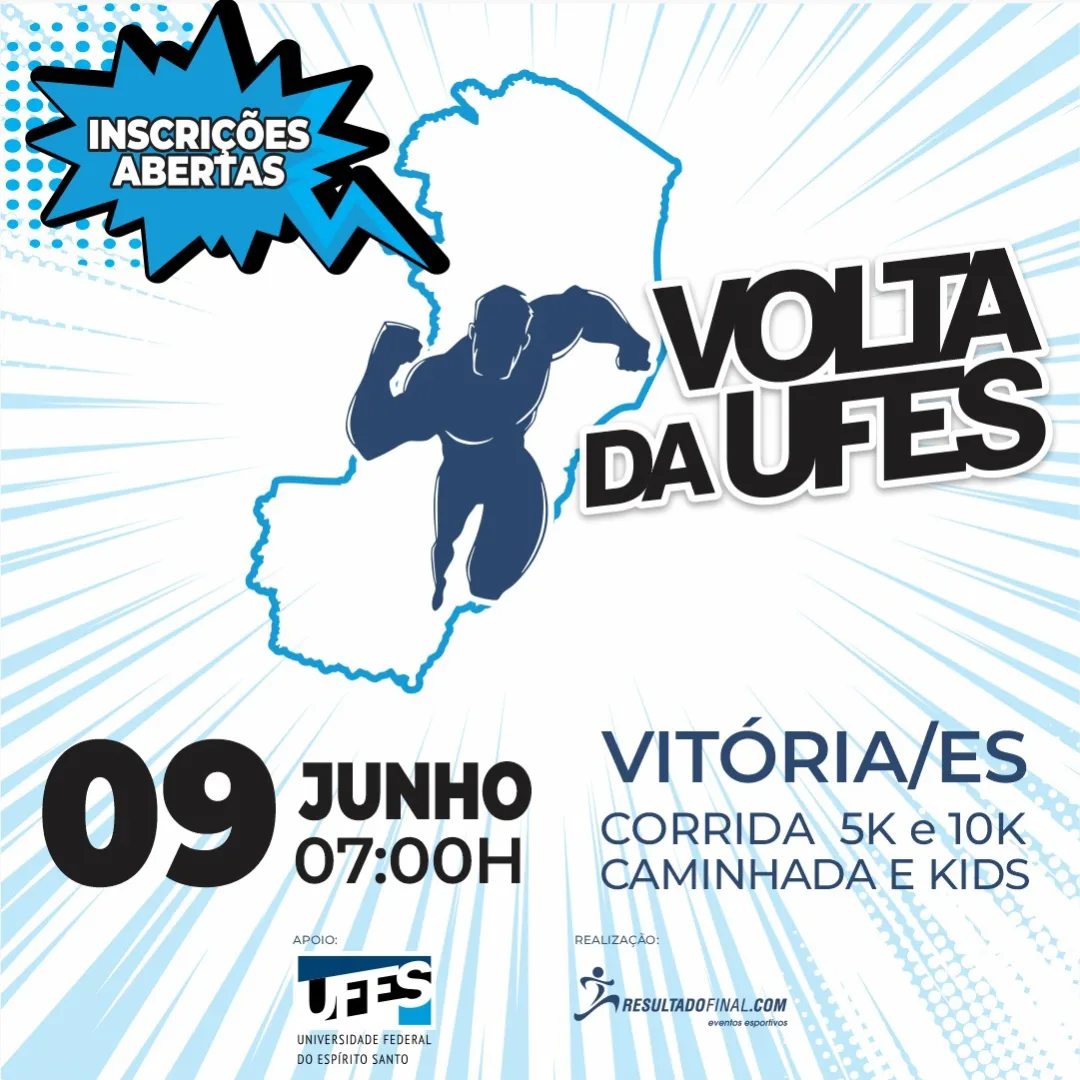 Cartaz de divulgação com informações sobre data, hora e local do evento. O cartaz traz um desenho do estado do Espírito Santo e o desenho de um corredor saindo do mapa.