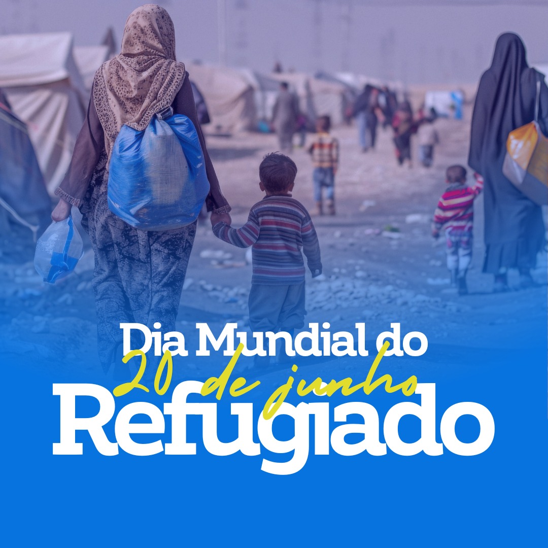 Cartaz de divulgação com a imagem de um acampamento e, de costas, uma mulher muçulmana segura a mão de uma criança