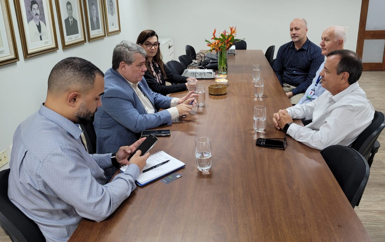 Foto da reunião, com os participantes sentados em volta da mesa.