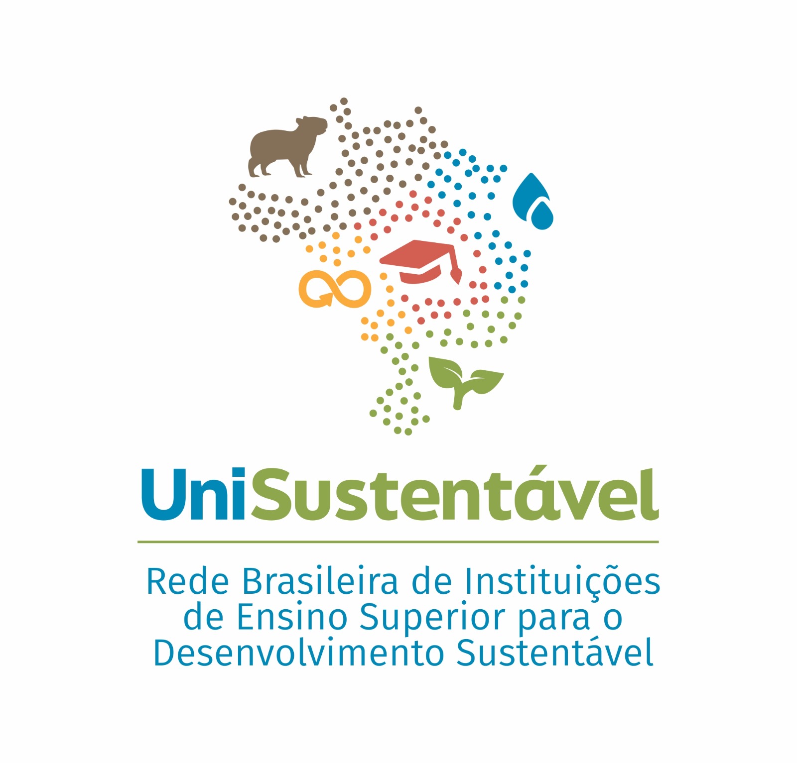 Logomarca da Rede UniSustentável: o mapa do Brasil com símbolos como gotas d´água, uma capivara e uma planta.