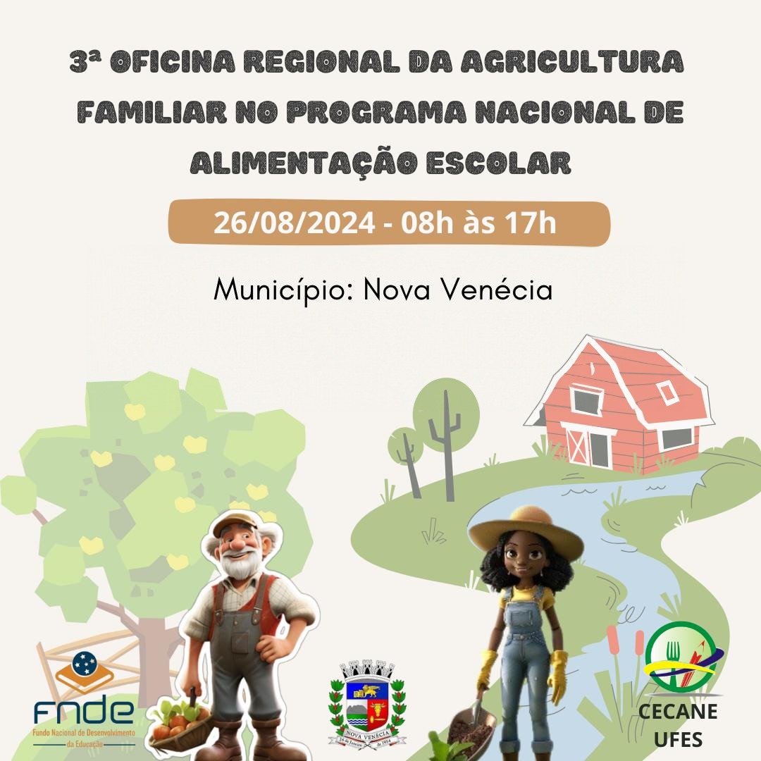 Cartaz de divulgação com informações sobre o evento. O cartaz tem um desenho de uma casa no campo, com um senhor carregando uma cesta de frutos e uma mulher agricultora com uma pá na mão.