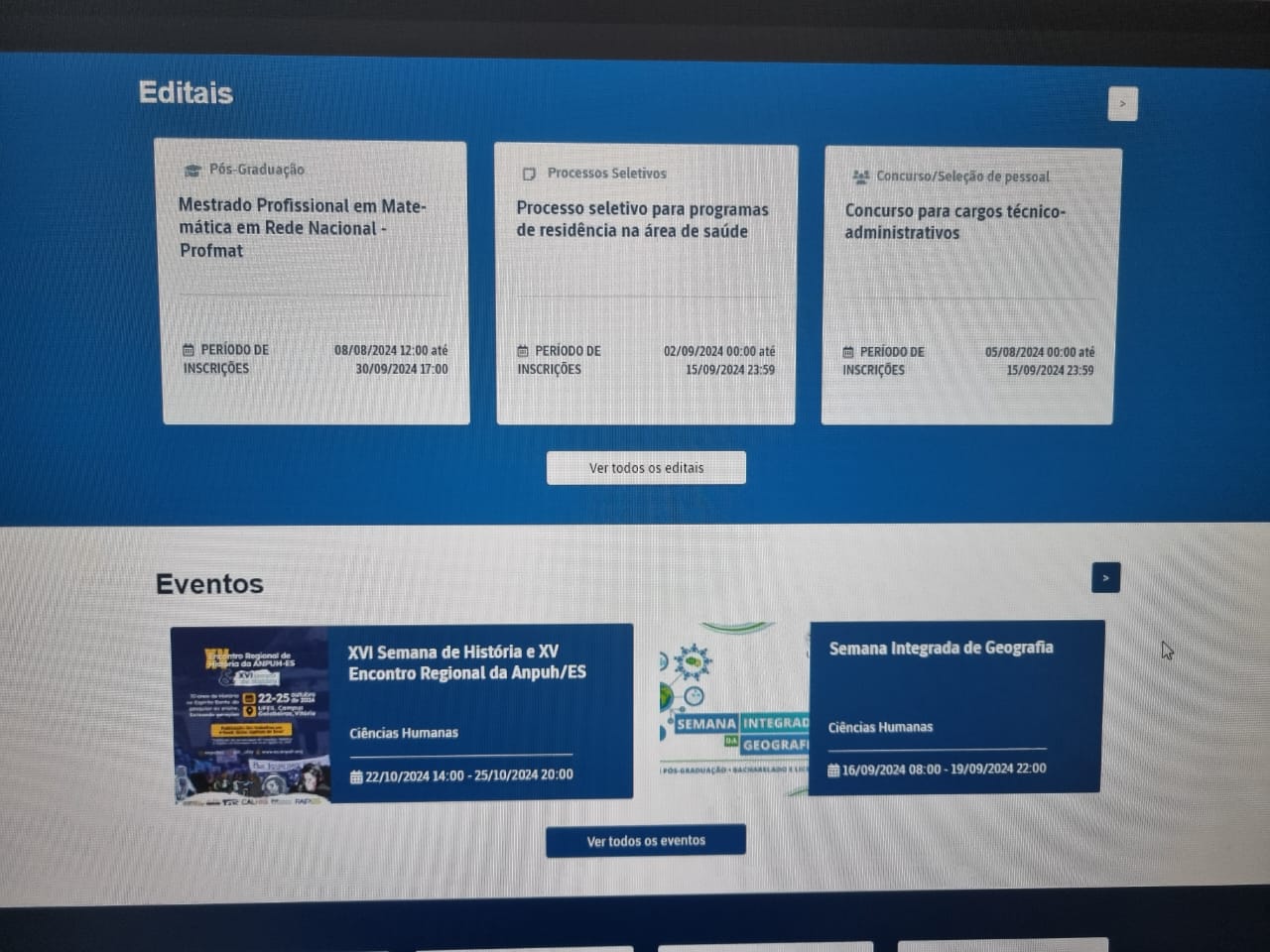 Print de tela do portal da Ufes onde aparecem as áreas de Editais e Eventos