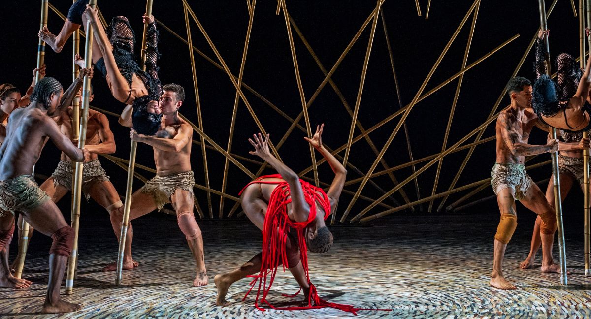 Foto de um ato do espetáculo: um bailarino negro, coberto por tiras vermelhas está no centro do palco. Ao redor, outros bailarinos dançam segurando longas varas de bambu.