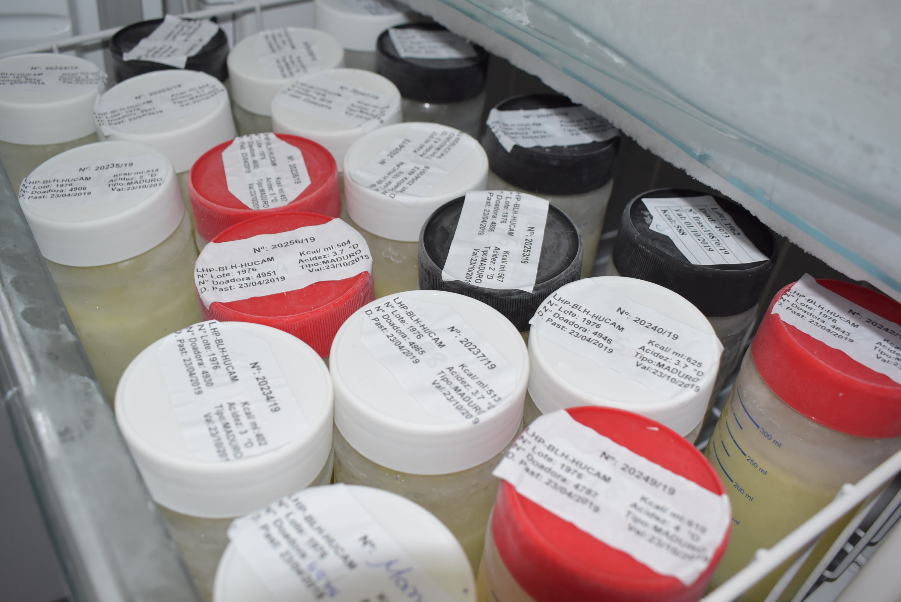 Foto de frascos de leite materno congelados e armazenados em freezer no banco de leite do Hucam