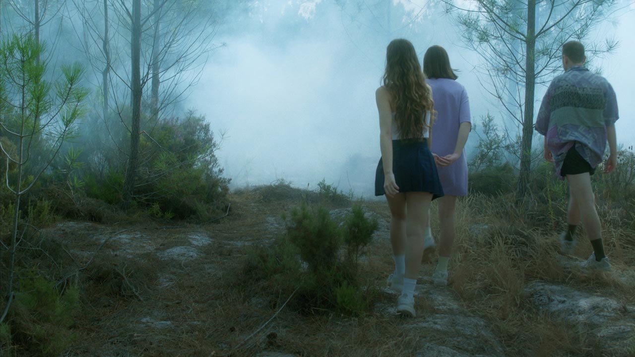 Cena de Ovnis, Monstros e Utopias Cena de Ovnis, Monstros e Utopias, na qual aparecem duas mulheres e um homem de costas, andando em uma floresta com denso nevoeiro