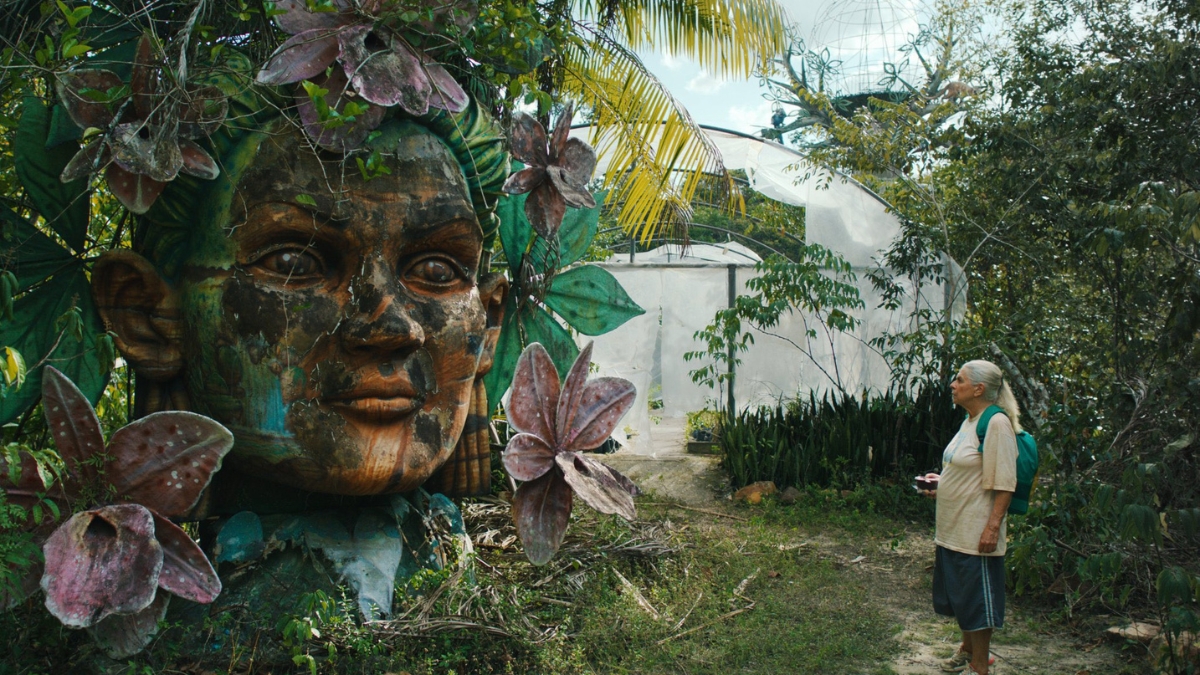 Cena de O Último Azul Cena de O Último Azul em que a protagonista aparece olhando a escultura de uma cabeça na floresta