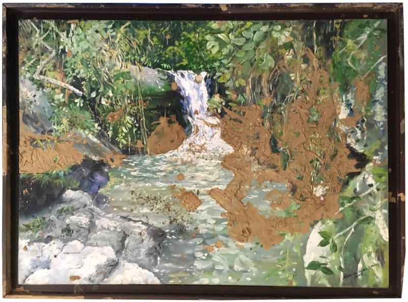 Imagem do mesmo quadro antes da restauração, sujo de lama