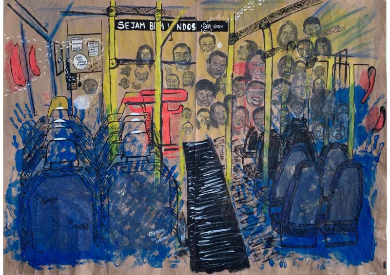 Imagem da obra "Meu ônibus", da artista Giovana Alves, que estará em exposição. O quadro retrata o interior de um ônibus, com os bancos em azul e cabeças de pessoas ao fundo.