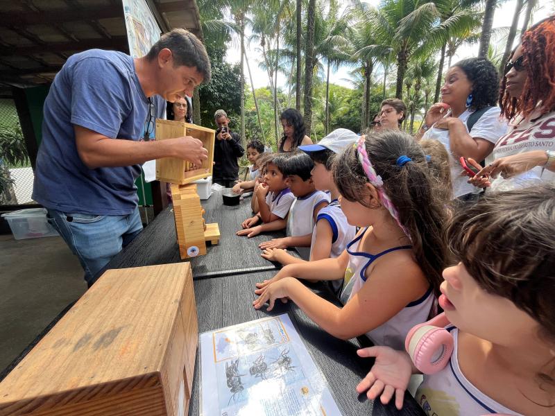 Foto das crianças em uma visita a um parque, vendo uma apresentação