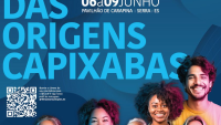 Cartaz de divulgação com o tema do evento "Encontro das Origens Capixabas" e a imagem de seis pessoas, homens e mulheres.