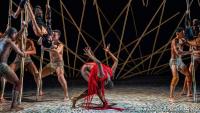 Foto de um ato do espetáculo: um bailarino negro, coberto por tiras vermelhas está no centro do palco. Ao redor, outros bailarinos dançam segurando longas varas de bambu.