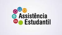 Cartaz com a inscrição Assistência Estudantil e ícones que representam moradia, transporte, alimentação e outros