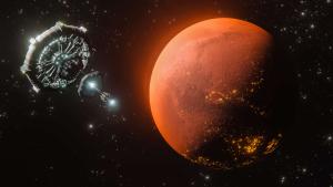 Imagem do planeta marte com um objeto espacial em sua órbita