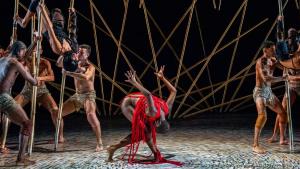 Foto de um ato do espetáculo: um bailarino negro, coberto por tiras vermelhas está no centro do palco. Ao redor, outros bailarinos dançam segurando longas varas de bambu.