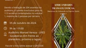 Convite do lançamento do livro Africanidades Transatlânticas: Memórias da umbanda no Espírito Santo - volume 1