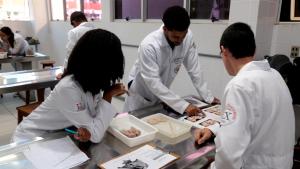Foto de três pesquisadores no laboratório de anatomia