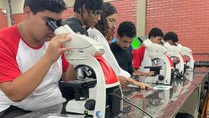 Foto de estudantes olhado em microscópios