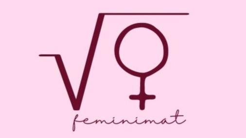 Logomarca do FeminiMat: uma raiz quadrada com o símbolo de feminino em um fundo rosa